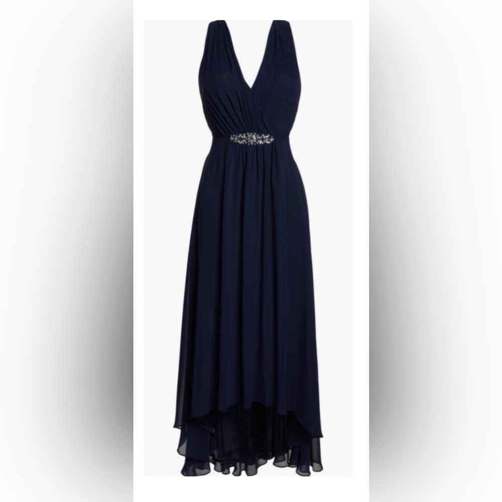NWT ELIZA J 2 Elegant Navy Evening Gown embellished High Low Chiffon Dress prom